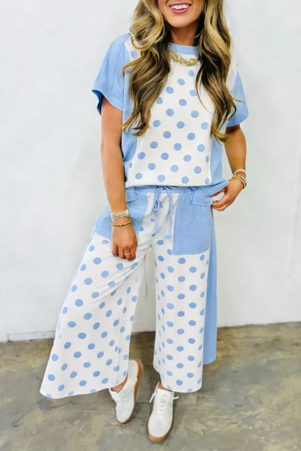 Color Block Patchwork Polka Dot Wide Leg Pant Set - Image 2