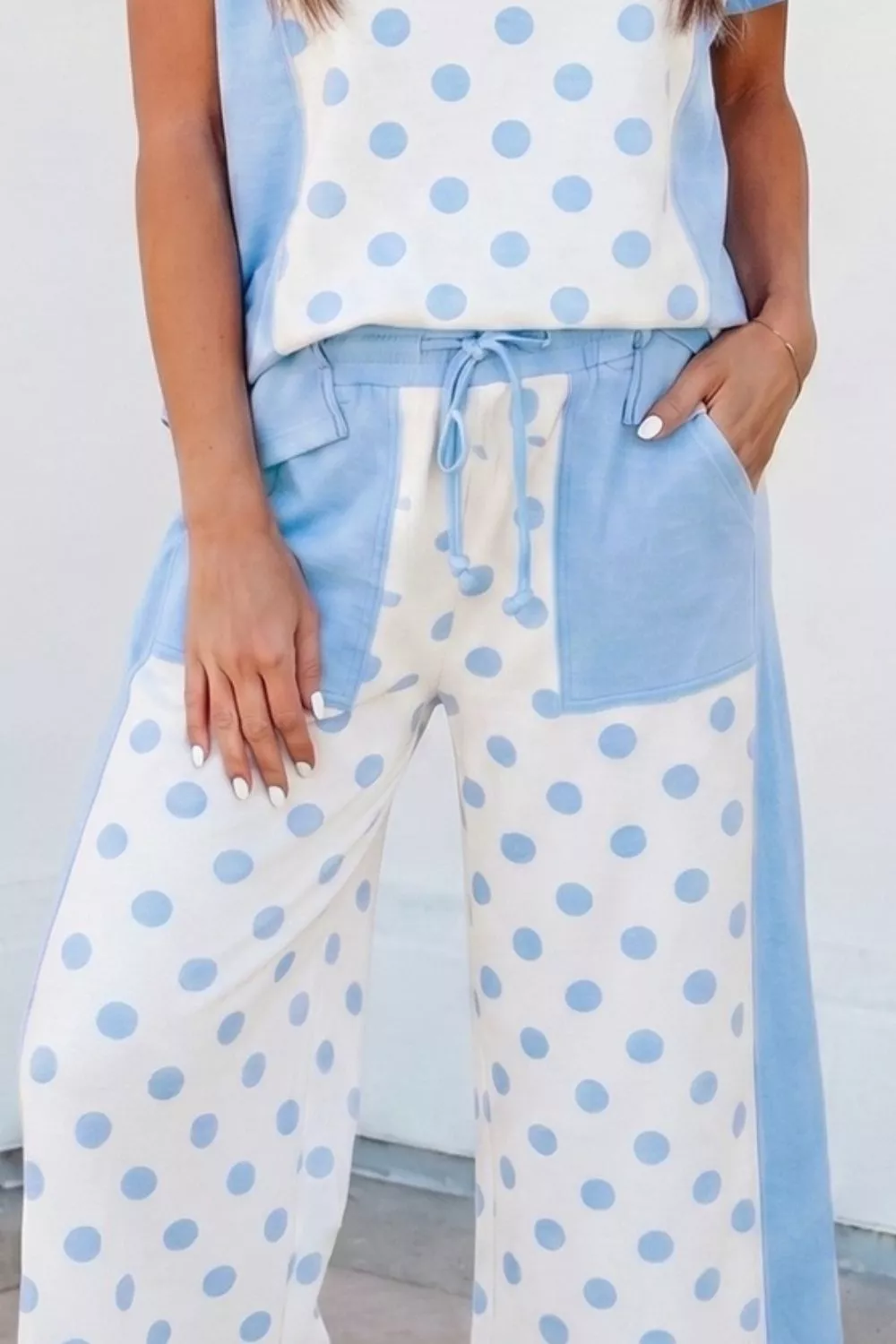 Color Block Patchwork Polka Dot Wide Leg Pant Set - Image 3
