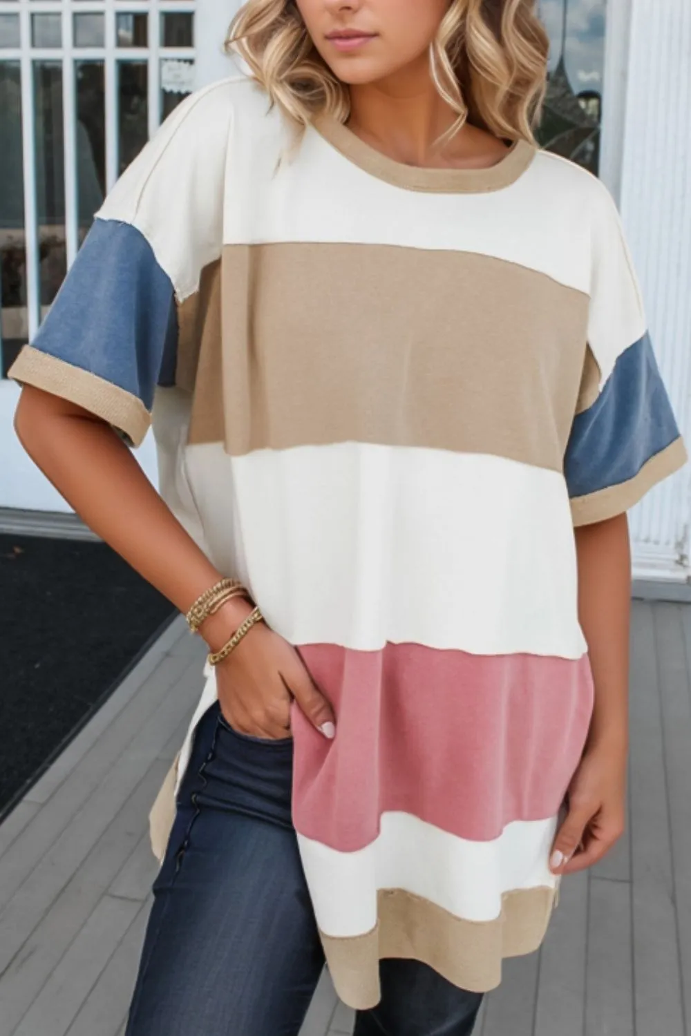 Color Block Patchwork Side Split Tunic T Shirt - Image 2