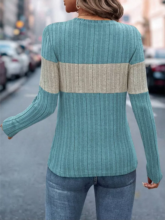 Color Block Ribbed Knit Long Sleeve T-Shirt - Image 16