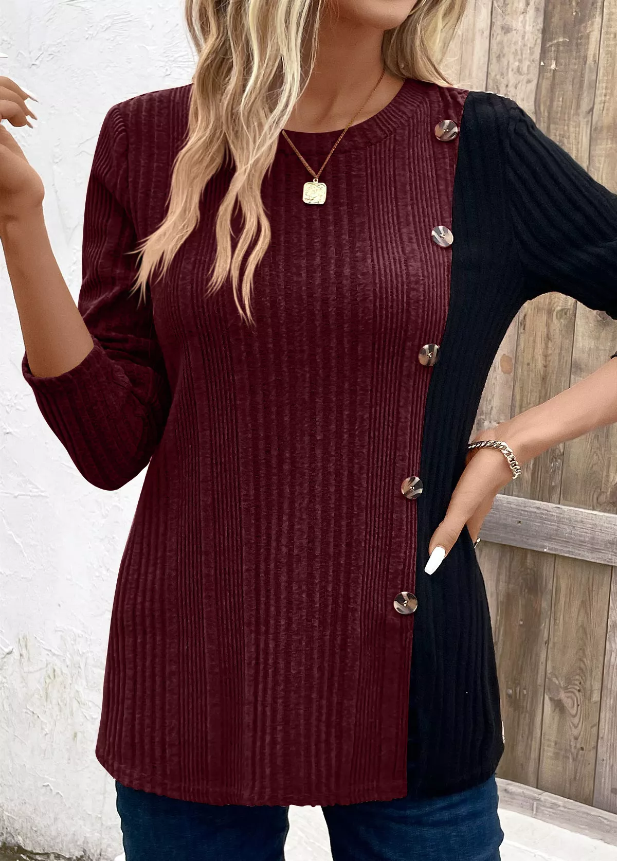 Color Block Ribbed Knit T-Shirt - Image 10