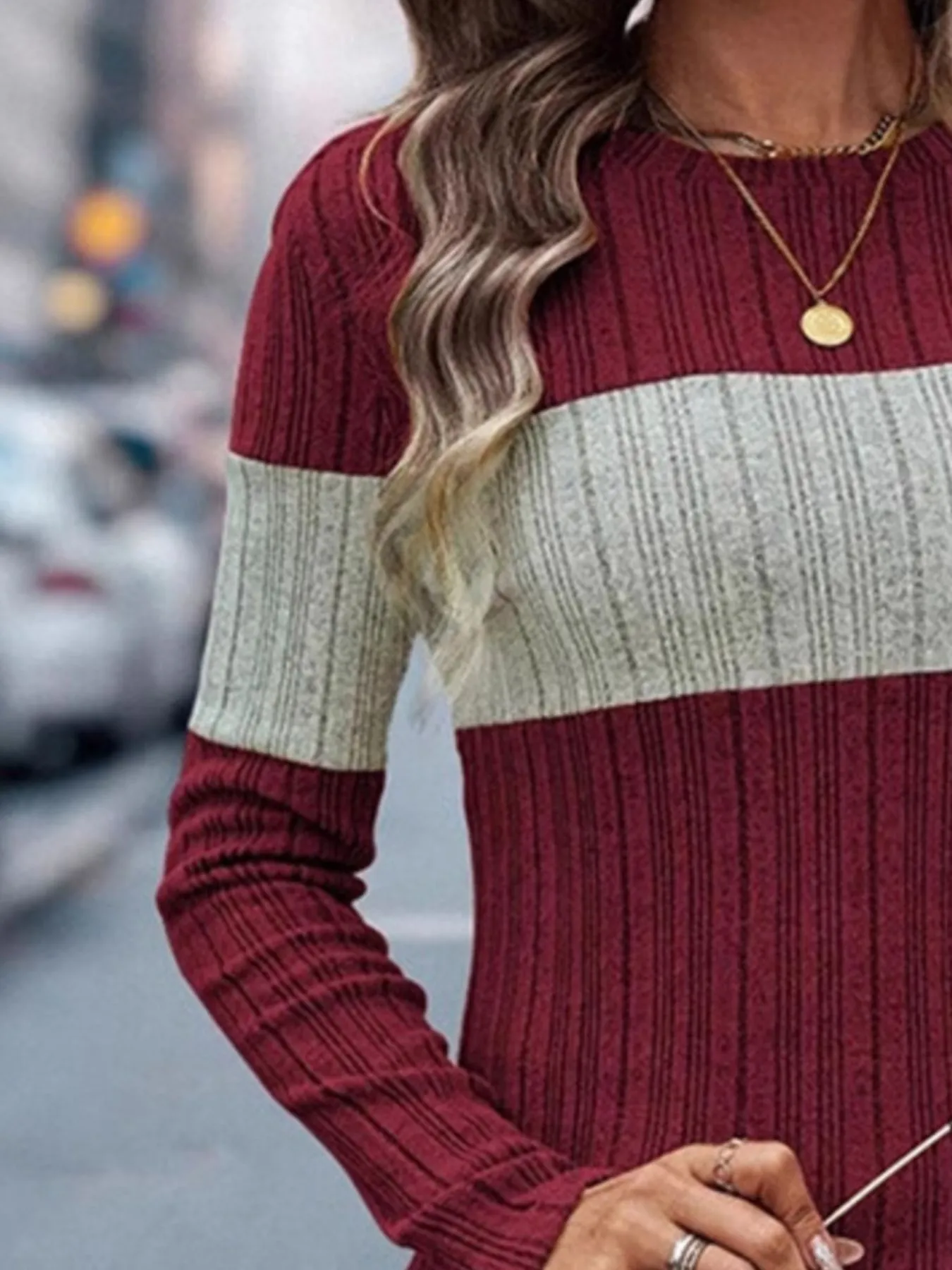 Color Block Round Neck Long Sleeve Sweater - Image 8