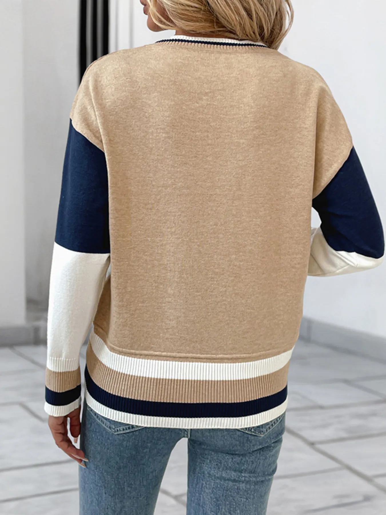 Color Block Round Neck Sweater with Ribbed Trim - Image 5
