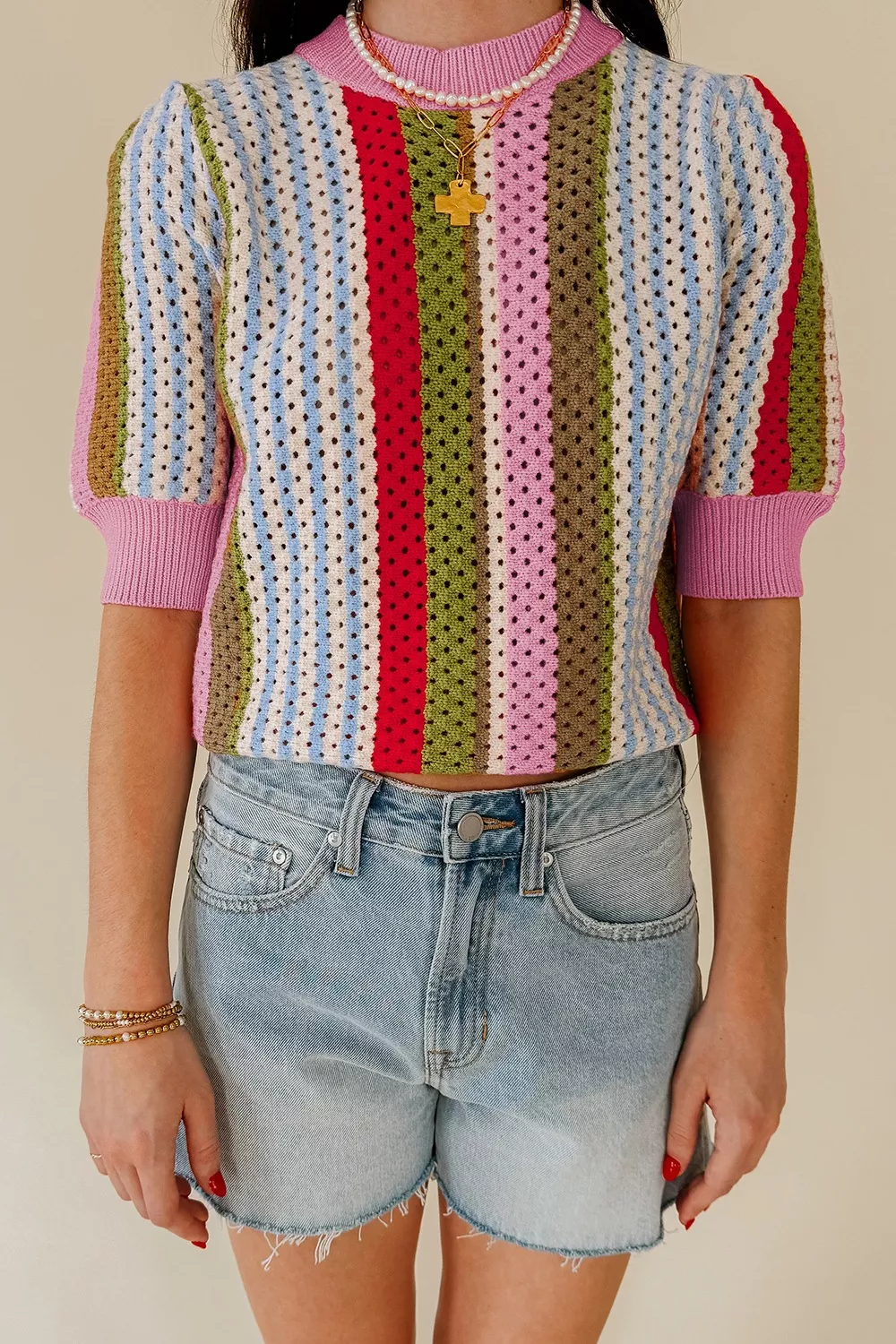 Color Block Short Sleeve Striped Crochet Knit Top - Image 2