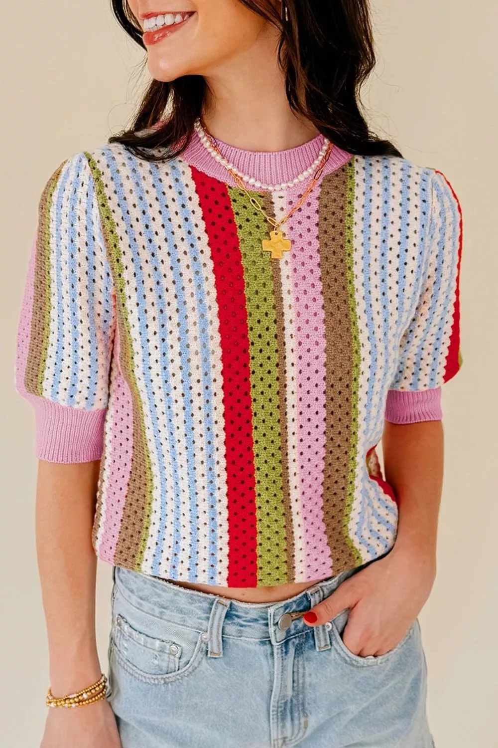 Color Block Short Sleeve Striped Crochet Knit Top - Image 3