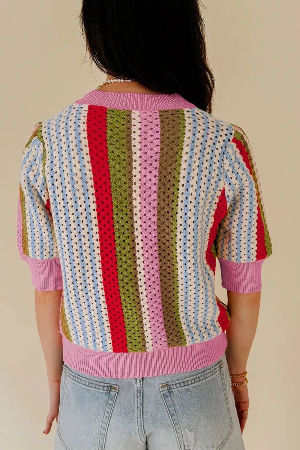 Color Block Short Sleeve Striped Crochet Knit Top - Image 4
