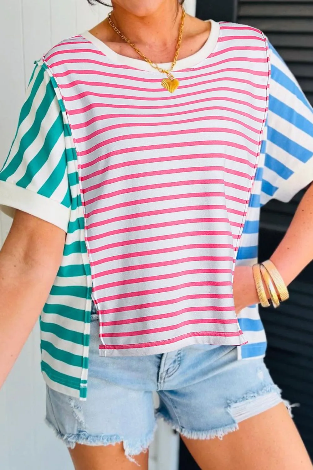 Color Block Striped Batwing Sleeve T-Shirt - Image 3