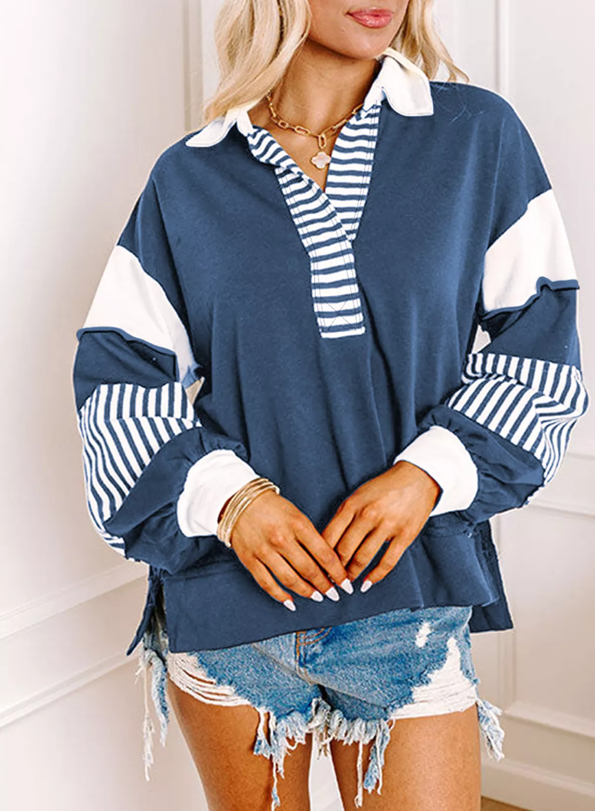 Color Block Striped Johnny Collar Sweatshirt - Image 16
