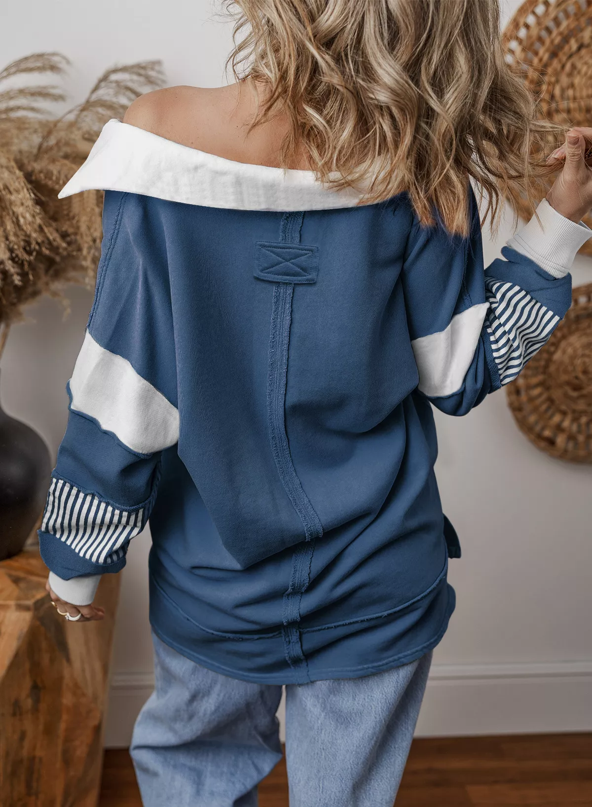 Color Block Striped Johnny Collar Sweatshirt - Image 17