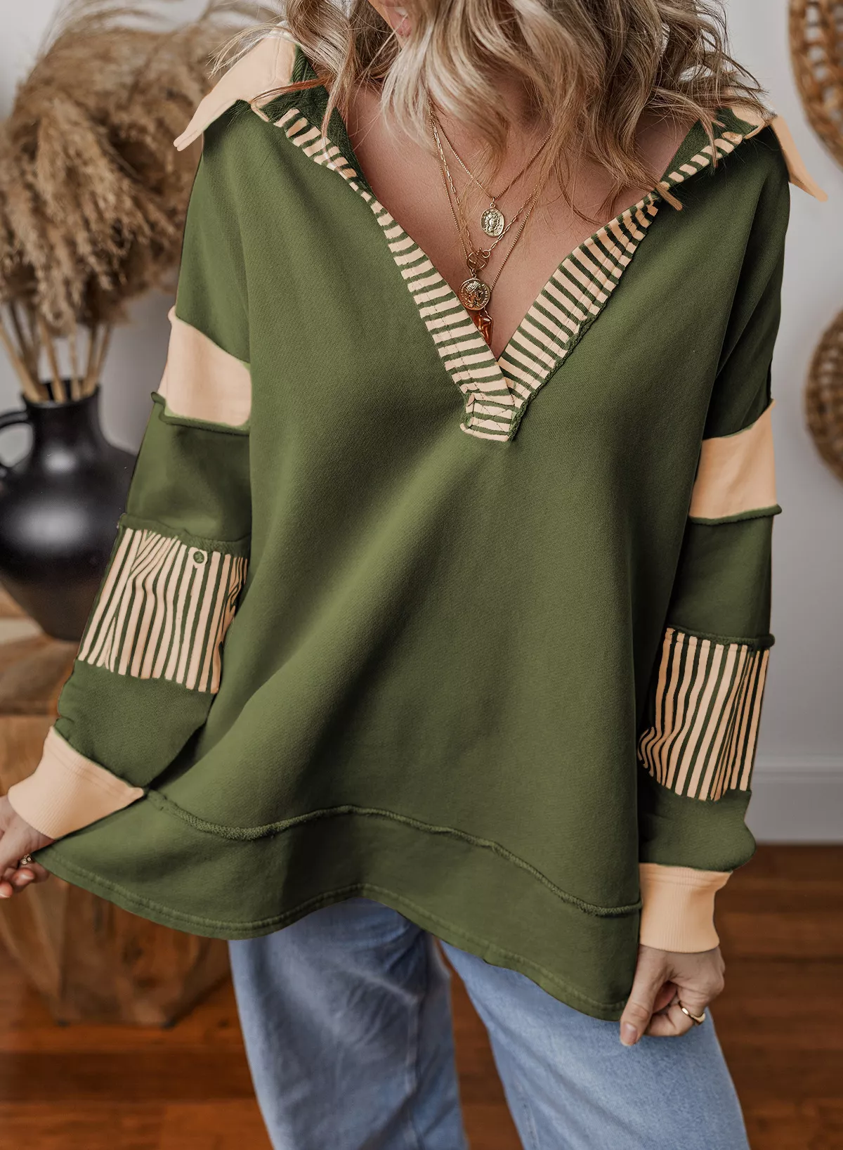 Color Block Striped Johnny Collar Sweatshirt - Image 27