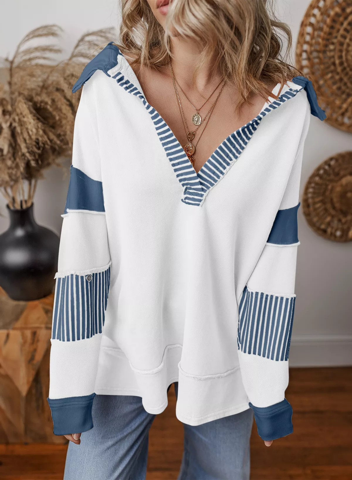 Color Block Striped Johnny Collar Sweatshirt - Image 5