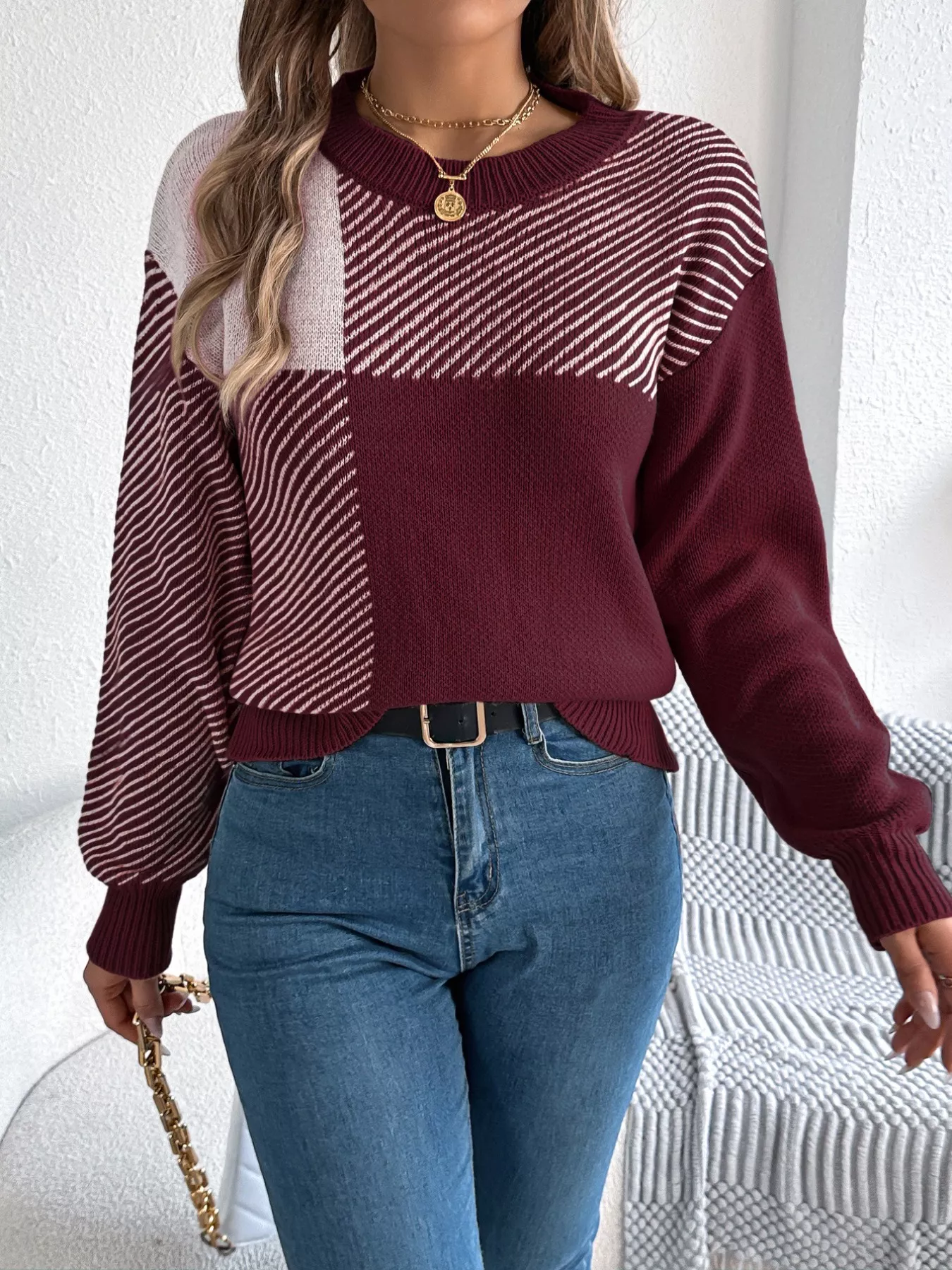 Color Block Striped Round Neck Sweater - Image 12