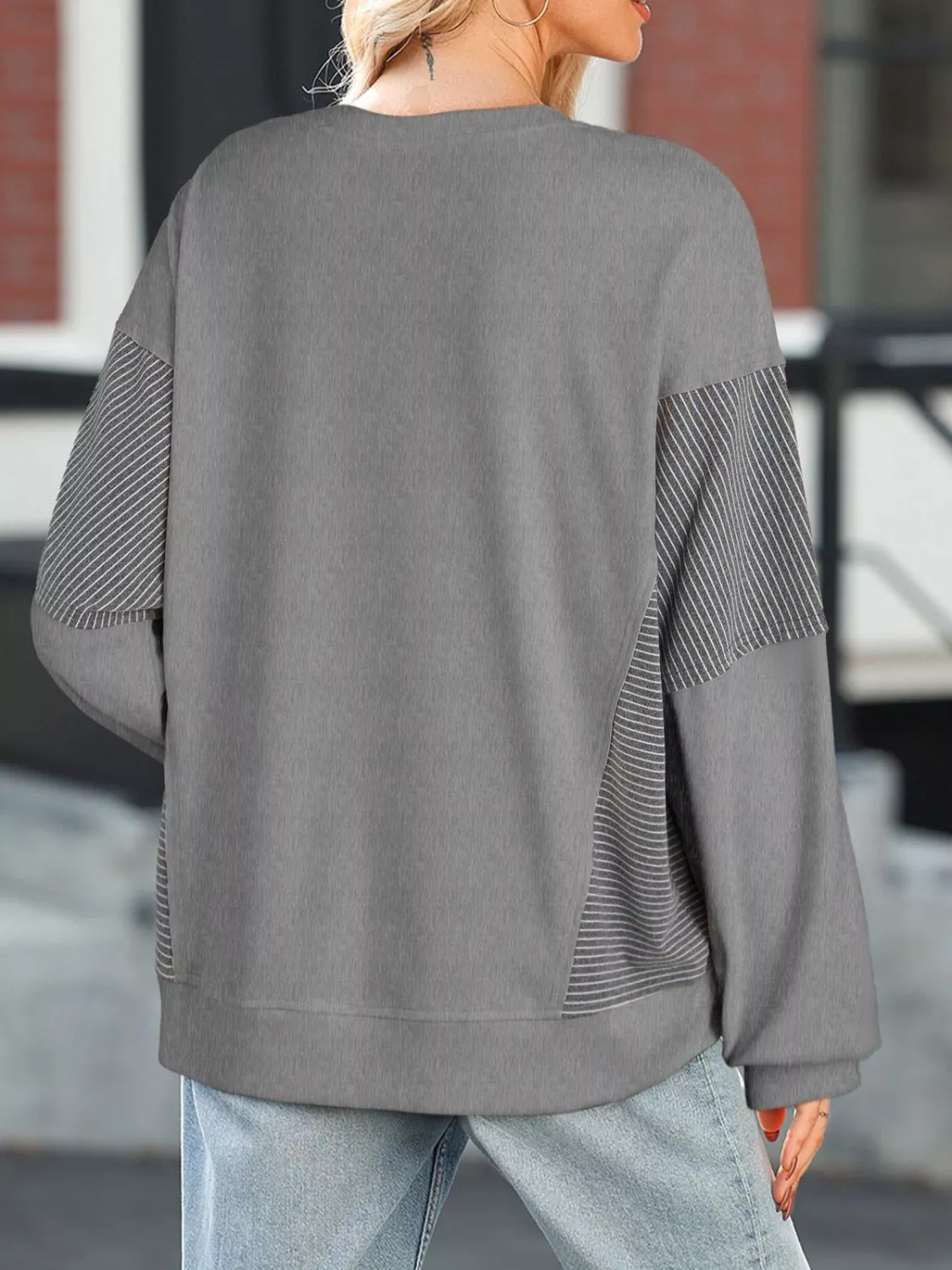 Color Block Striped Sleeve Casual Sweatshirt - Image 10