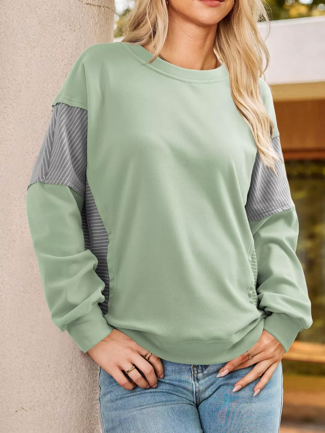 Color Block Striped Sleeve Casual Sweatshirt - Image 22