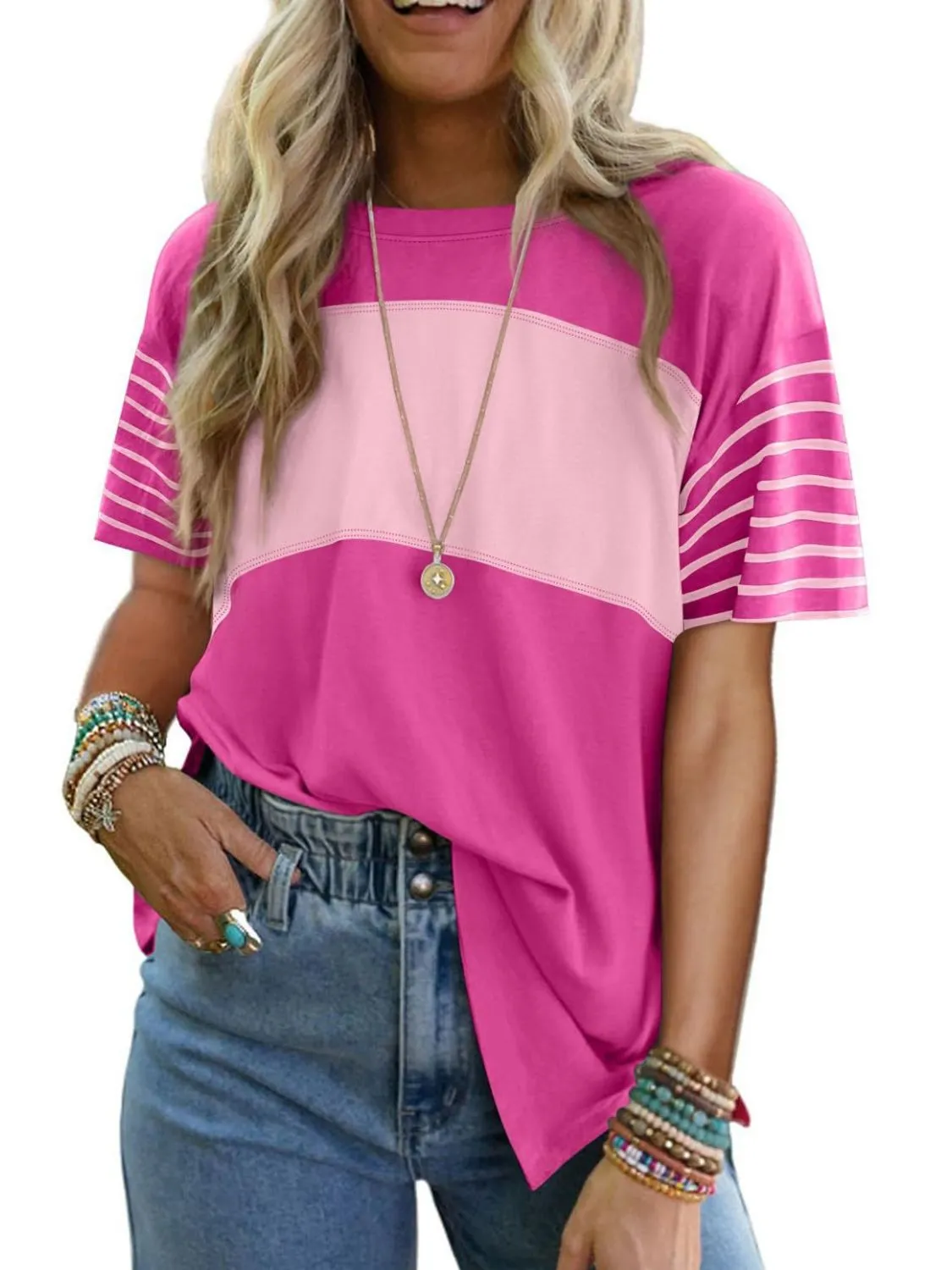 Color Block Striped Sleeve Casual T-Shirt - Image 14