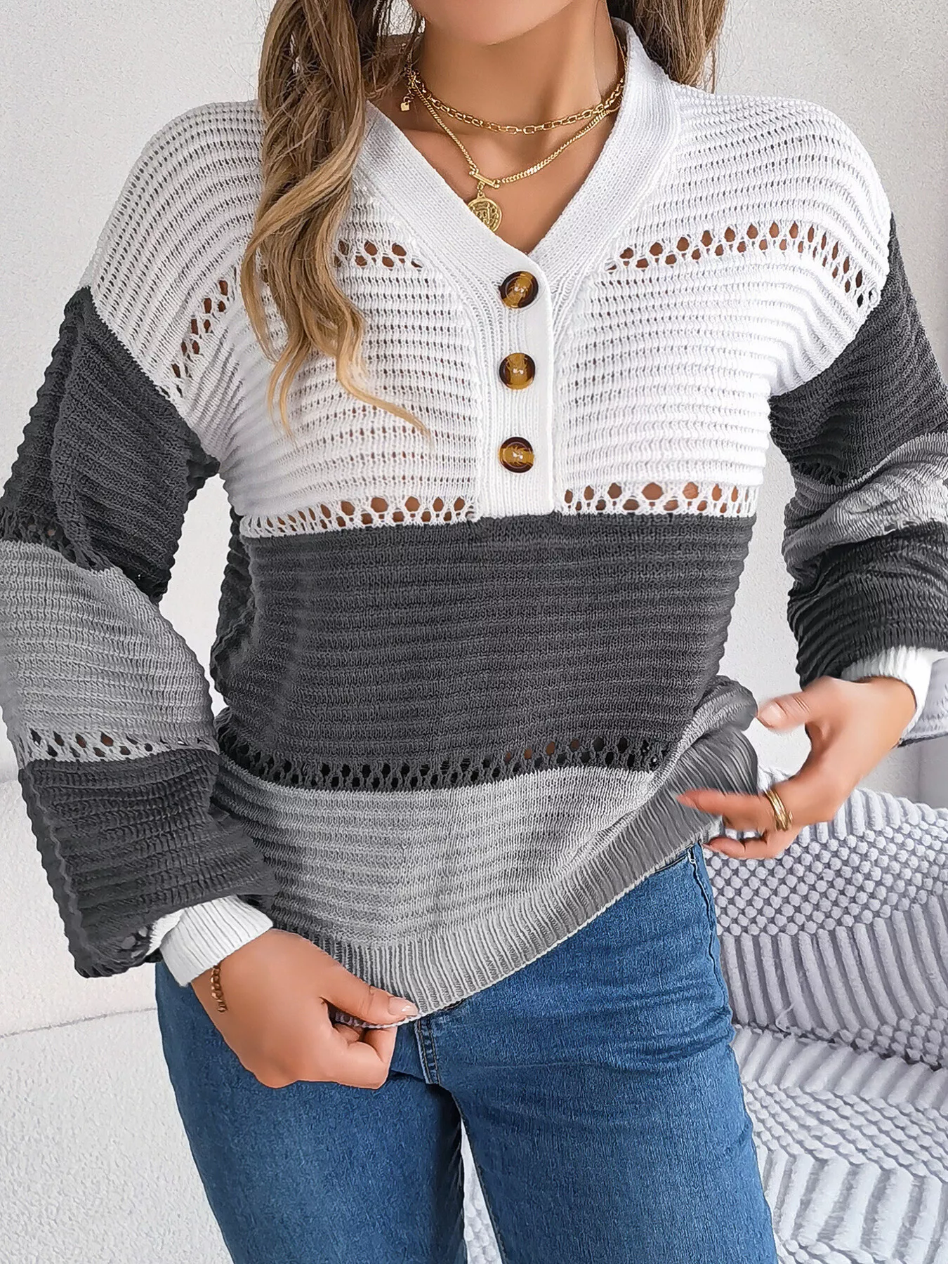 Color Block Striped V-Neck Button Detail Sweater - Image 11