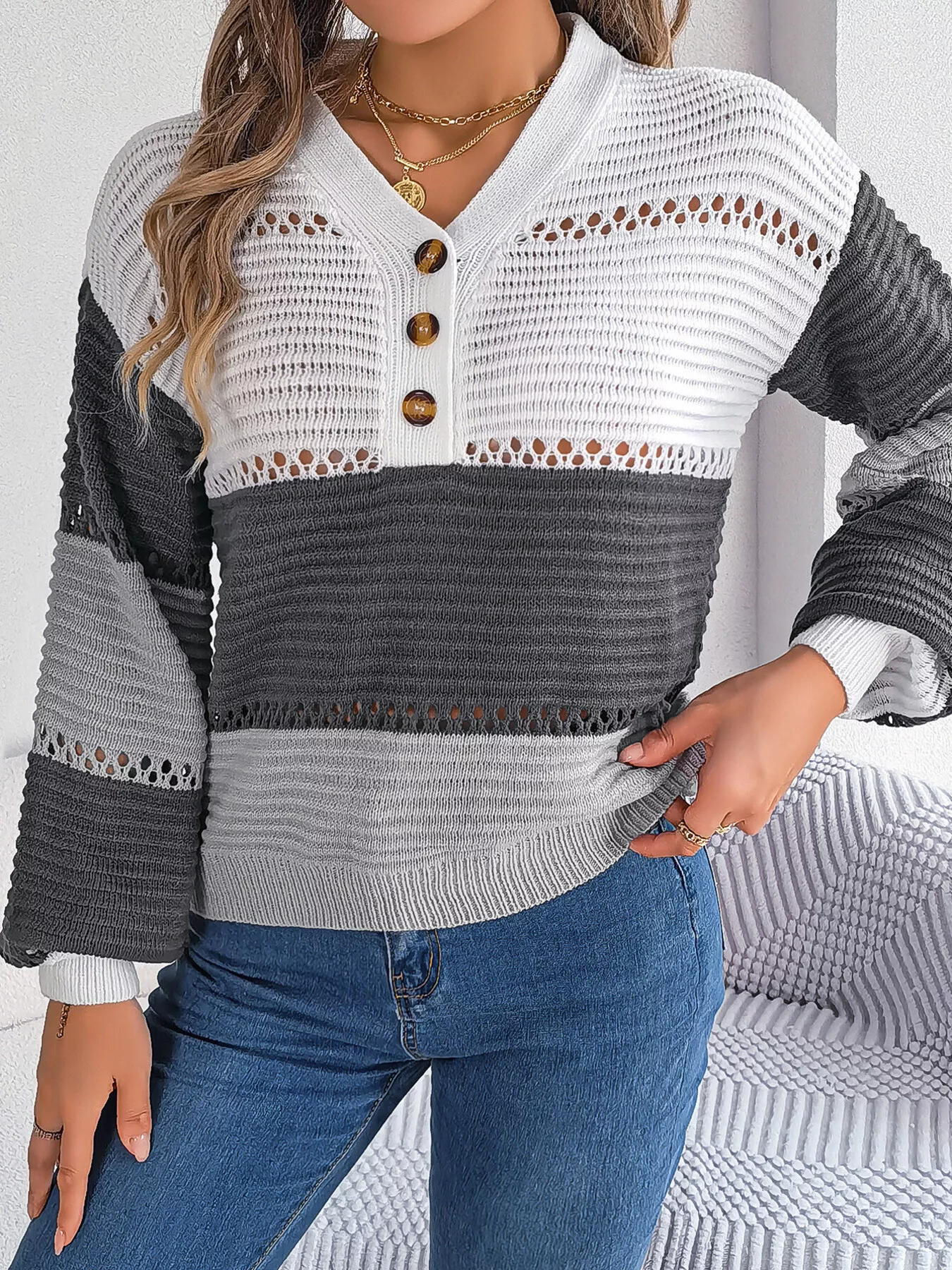 Color Block Striped V-Neck Button Detail Sweater - Image 12