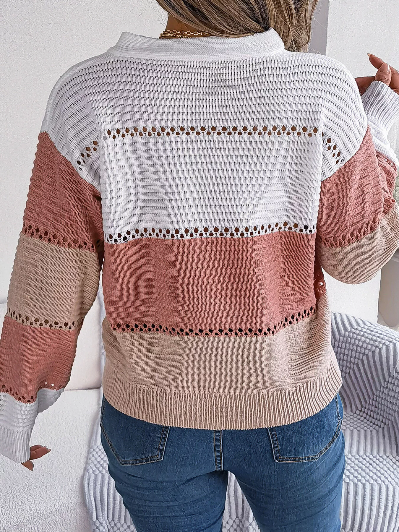 Color Block Striped V-Neck Button Detail Sweater - Image 14