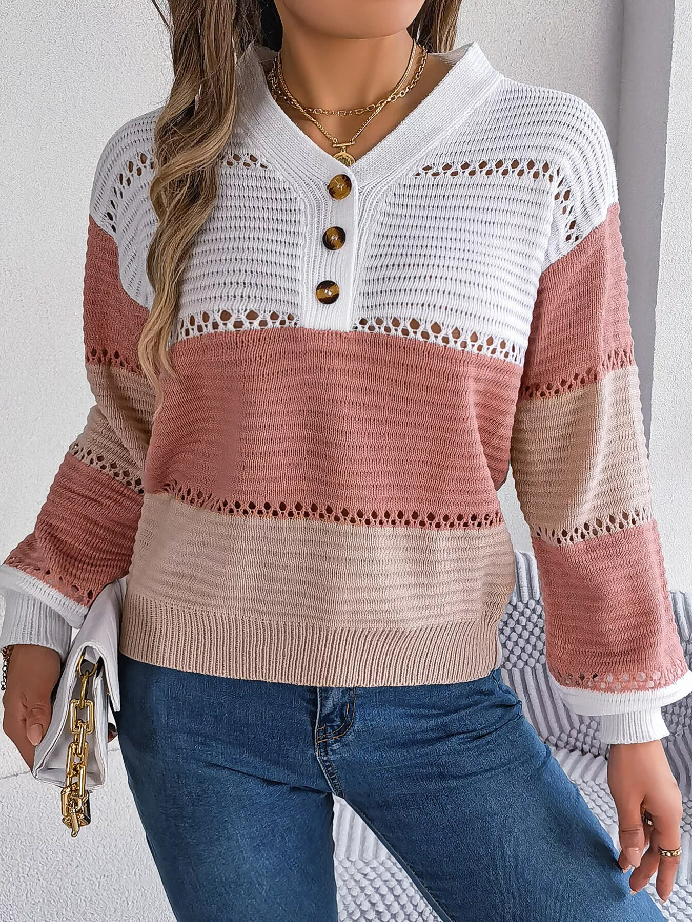 Color Block Striped V-Neck Button Detail Sweater - Image 16