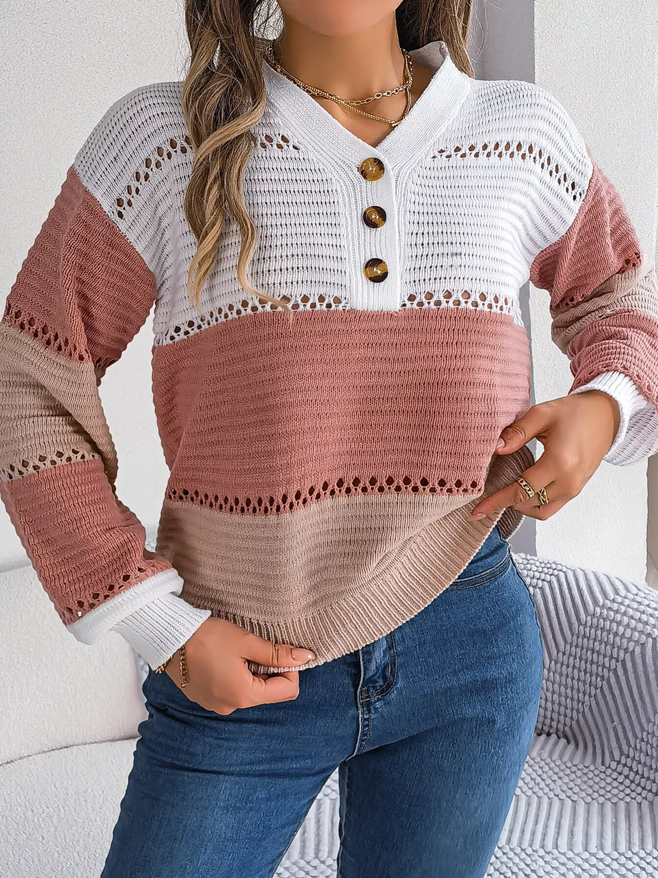 Color Block Striped V-Neck Button Detail Sweater - Image 17