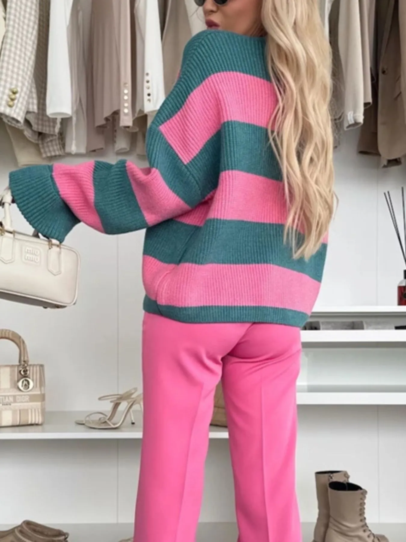 Color Block Striped V-Neck Button Front Cardigan - Image 2