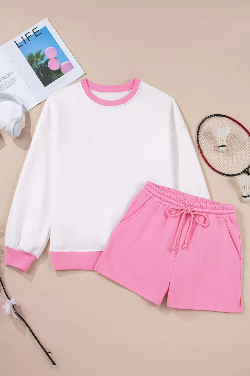 Color Block Sweatshirt and Elastic Waist Shorts Set - Image 6