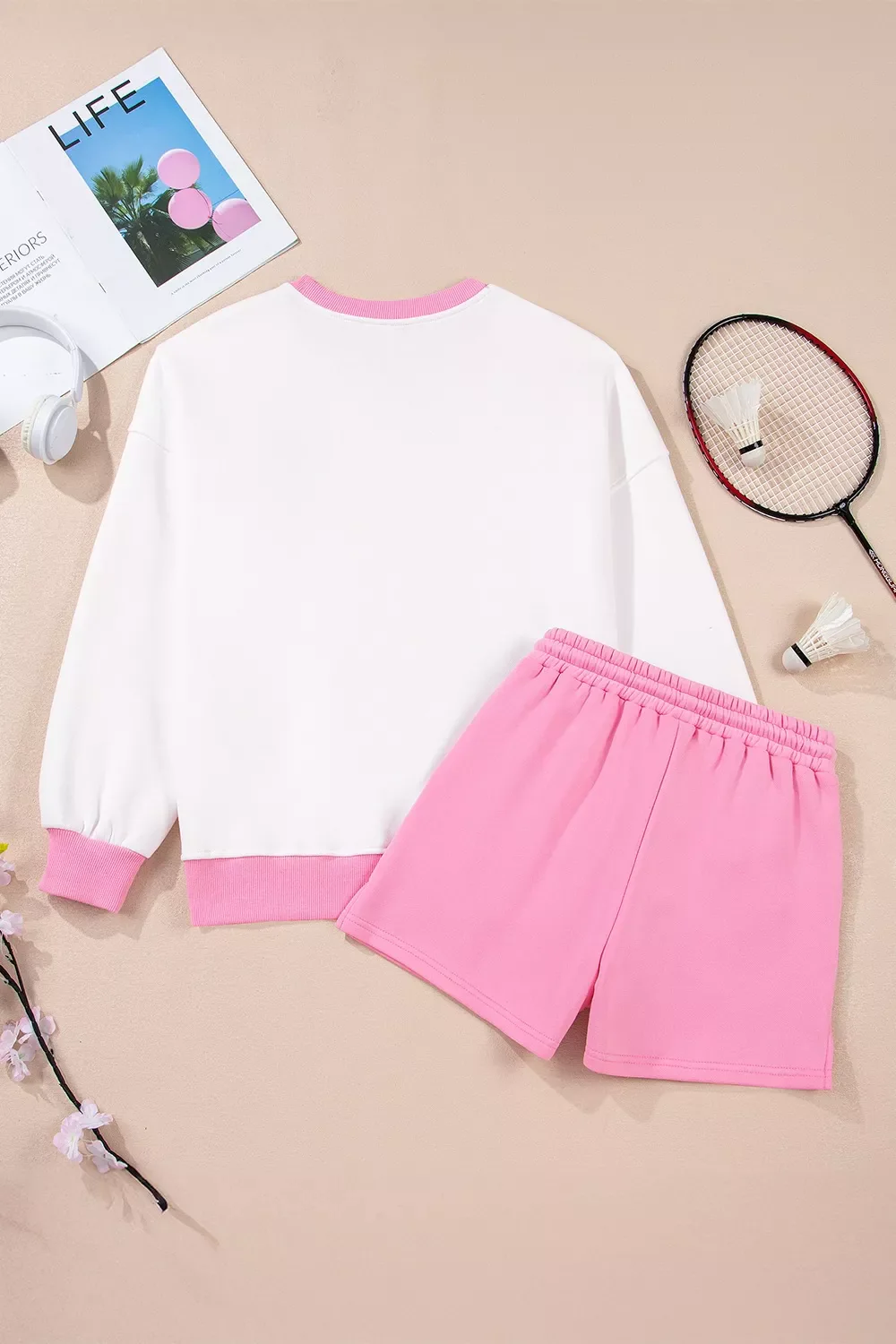 Color Block Sweatshirt and Elastic Waist Shorts Set - Image 7