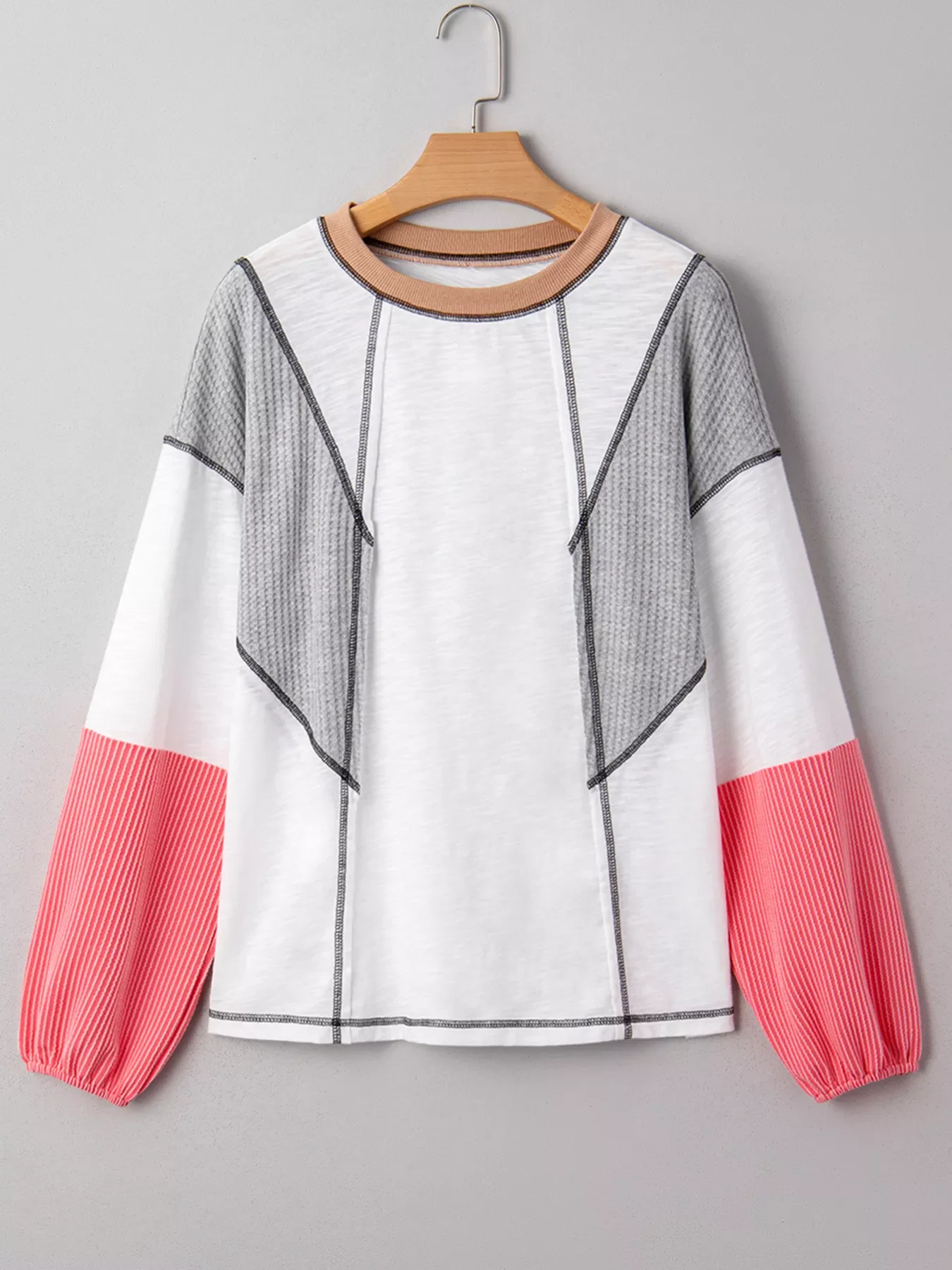 Color Block Textured Knit Patchwork Casual Top - Image 2