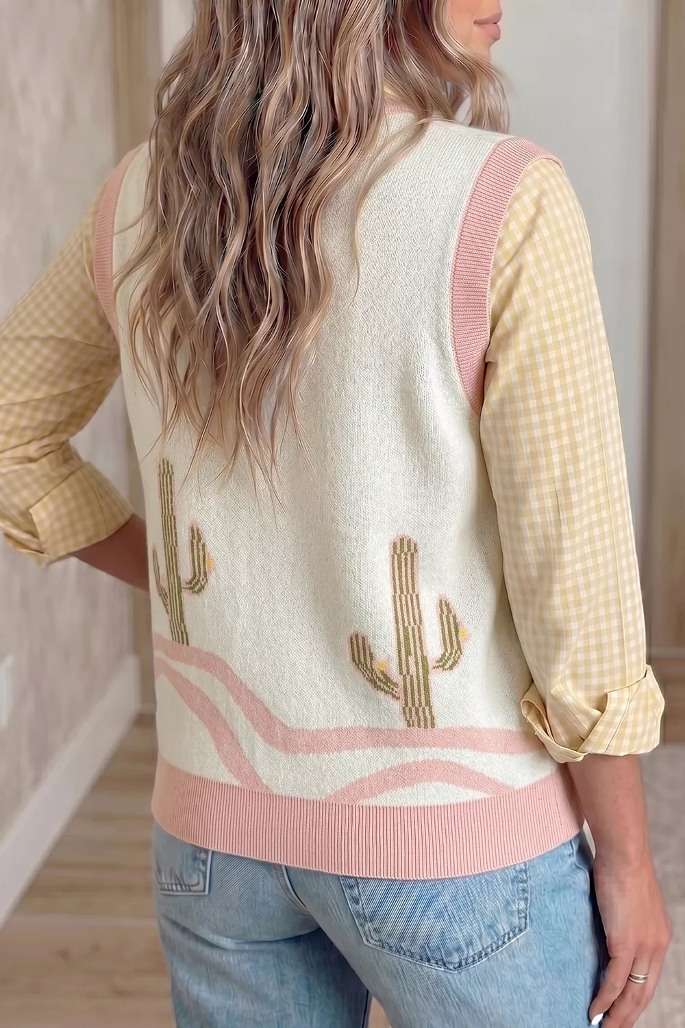 Color Block Trim Button Front Cactus Pattern Western Sweater Vest - Image 2