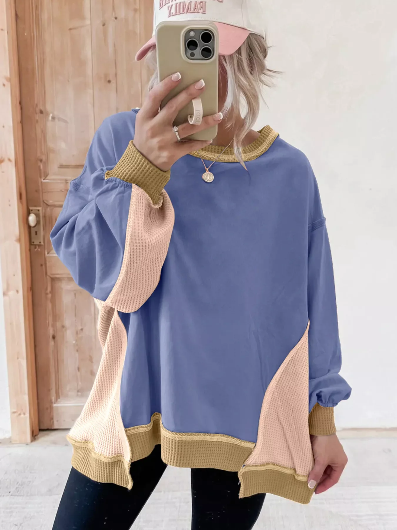Color Block Waffle Knit Long Sleeve Sweatshirt - Image 3