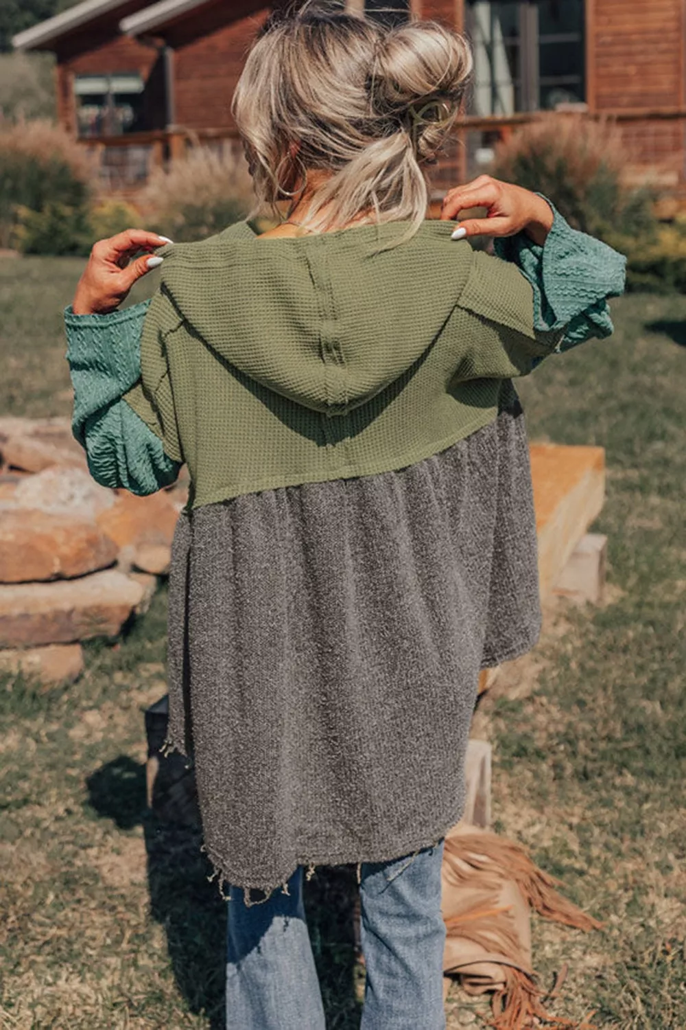 Color Block Waffle Knit Raw Hem Hoodie - Image 2