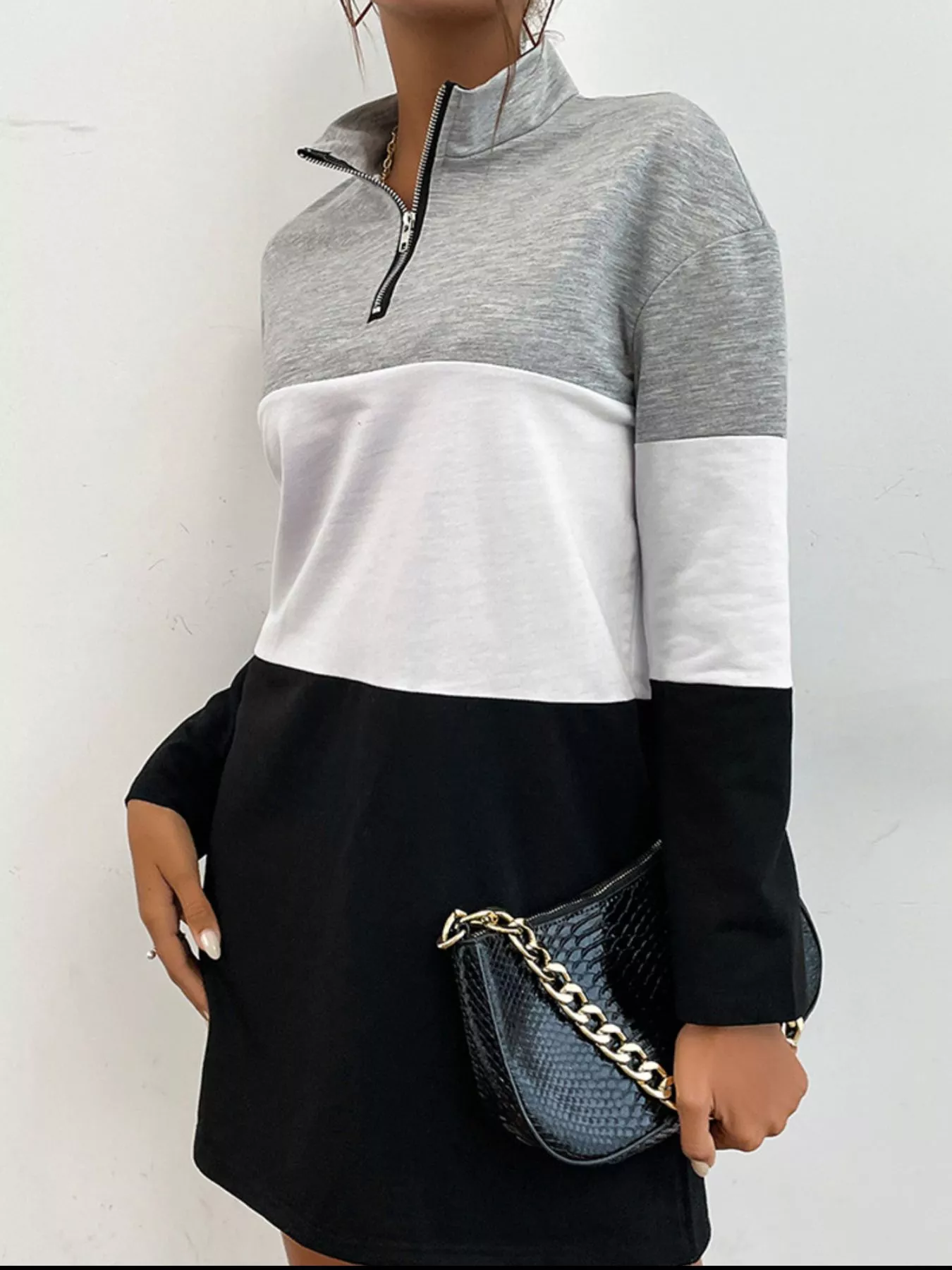 Color Block Zip Front Casual Dress - Image 2