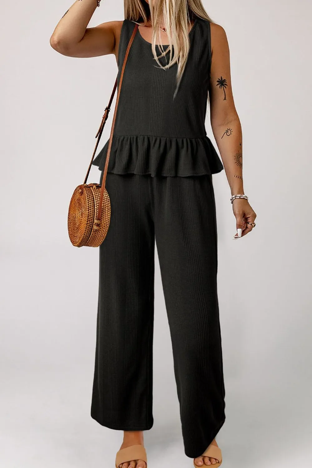 Color Ribbed Ruffle Tank Top and Pants Set - Image 13