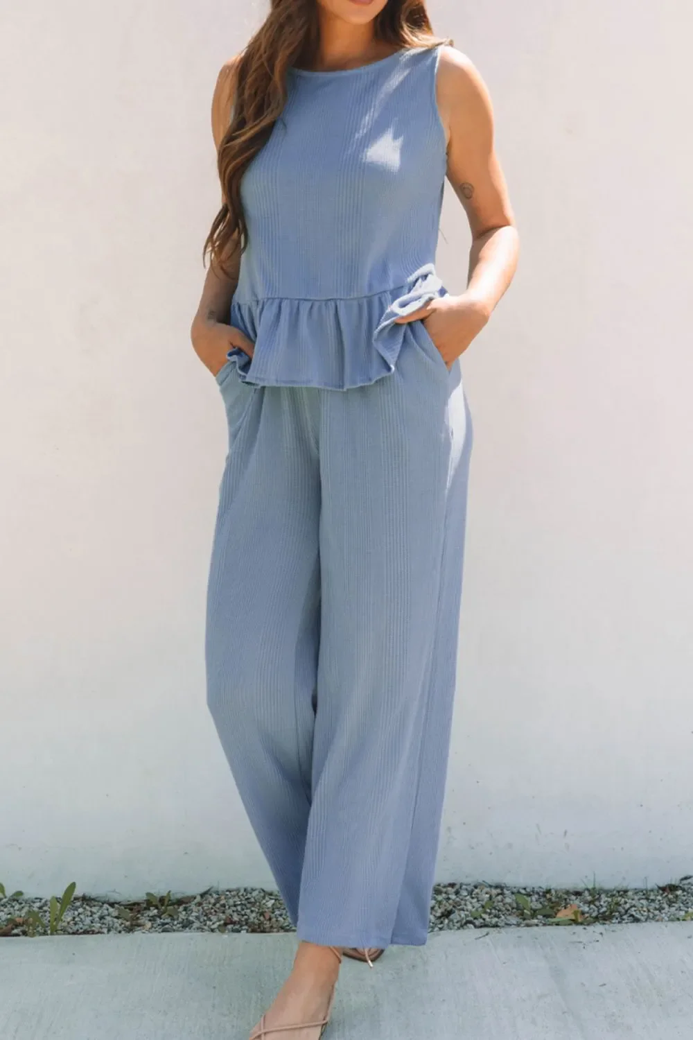 Color Ribbed Ruffle Tank Top and Pants Set - Image 3
