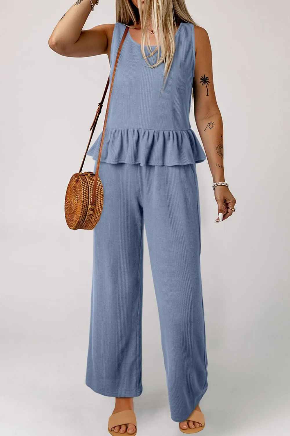 Color Ribbed Ruffle Tank Top and Pants Set - Image 4