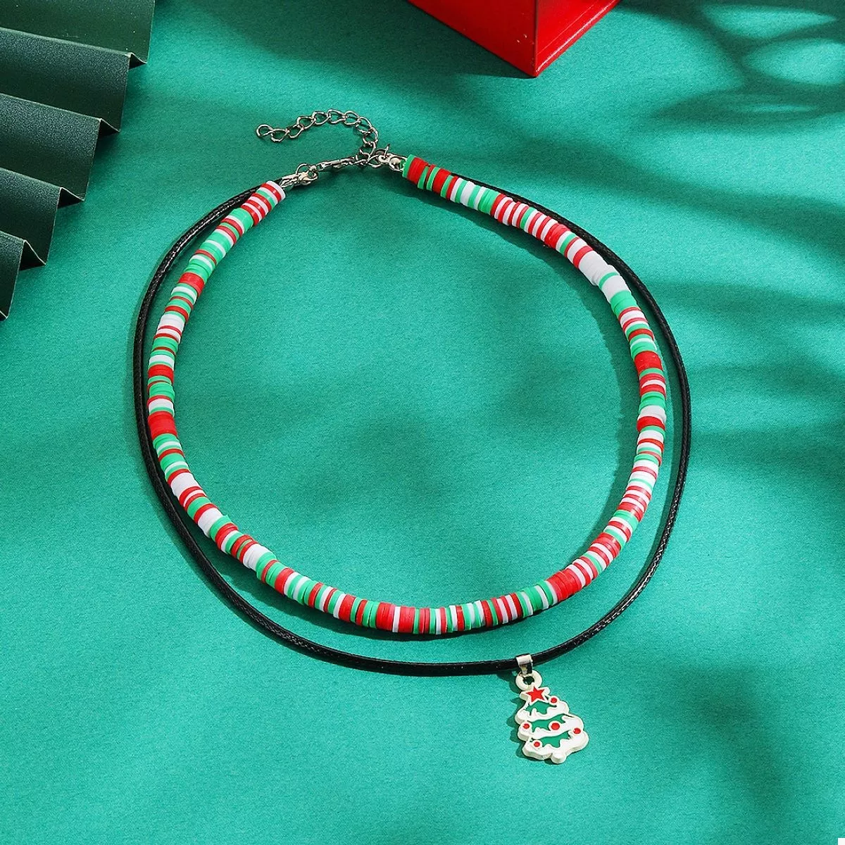 Colorful Double Layered Necklace with Christmas Tree Pendant - Image 2