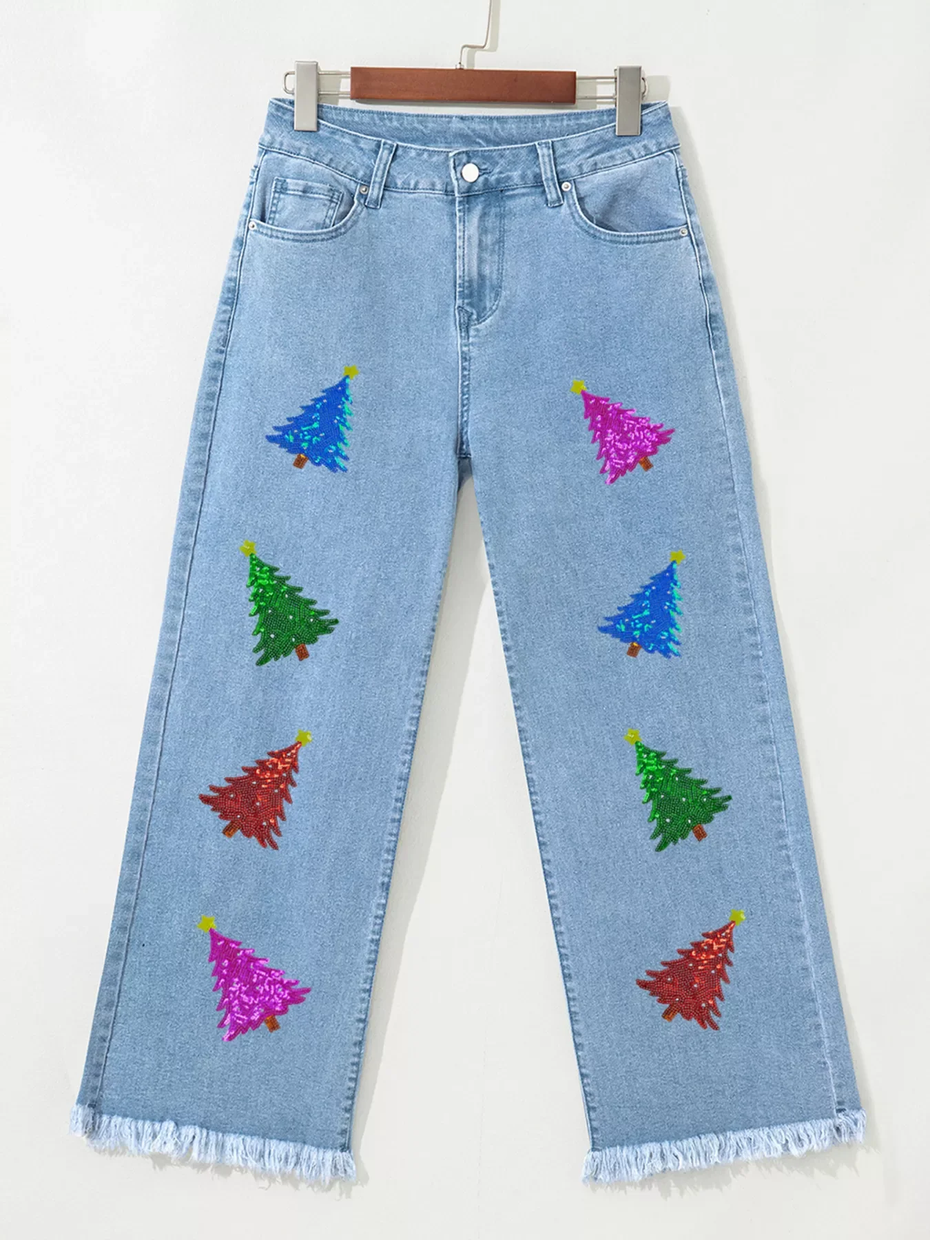 Colorful Sequin Christmas Tree Patched Raw Hem Cropped Wide Leg Jeans - Image 3