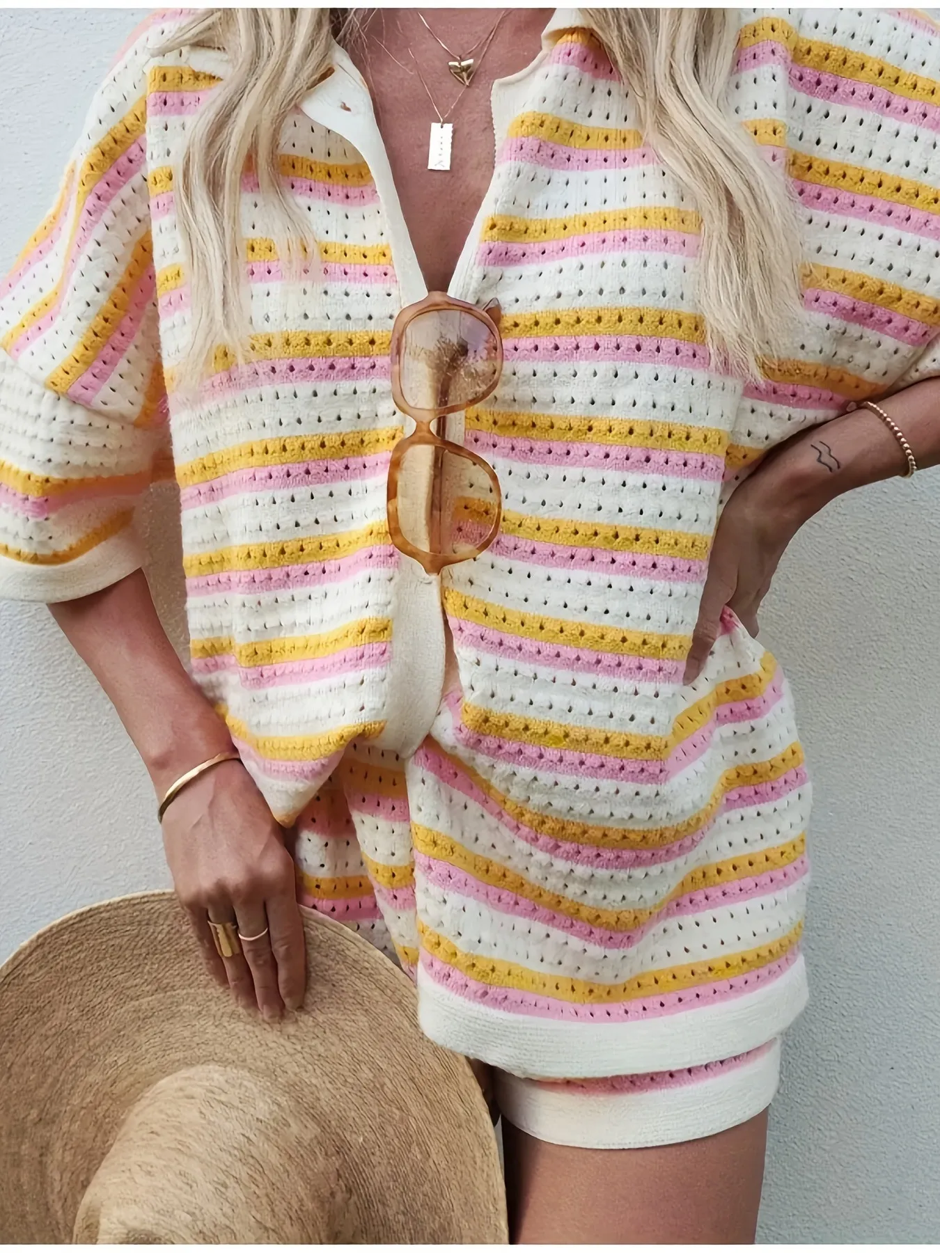 Colorful Striped Button Up Top and Shorts Sweater Set - Image 2