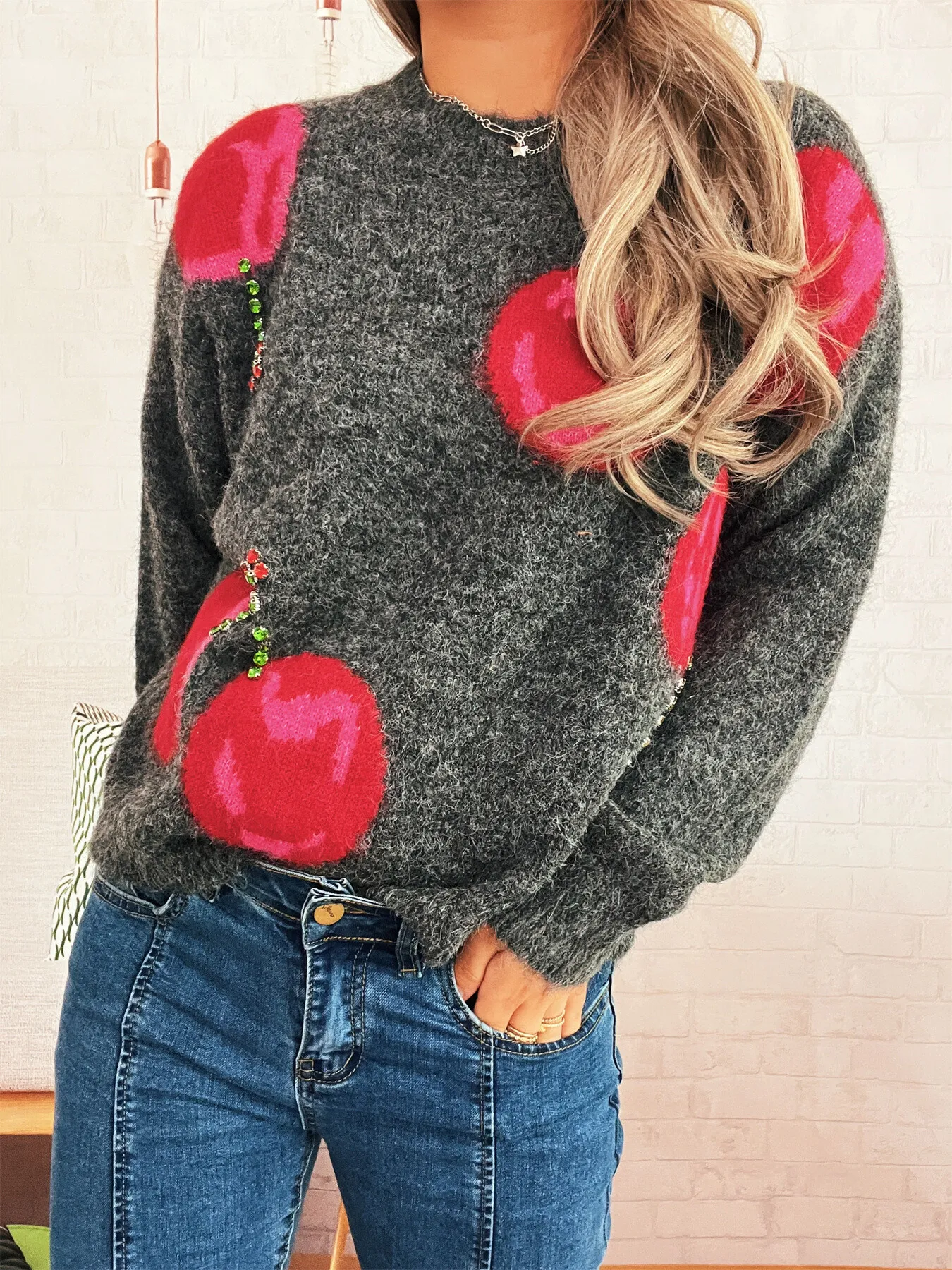 Contrast Cherry Round Neck Sweater - Image 13