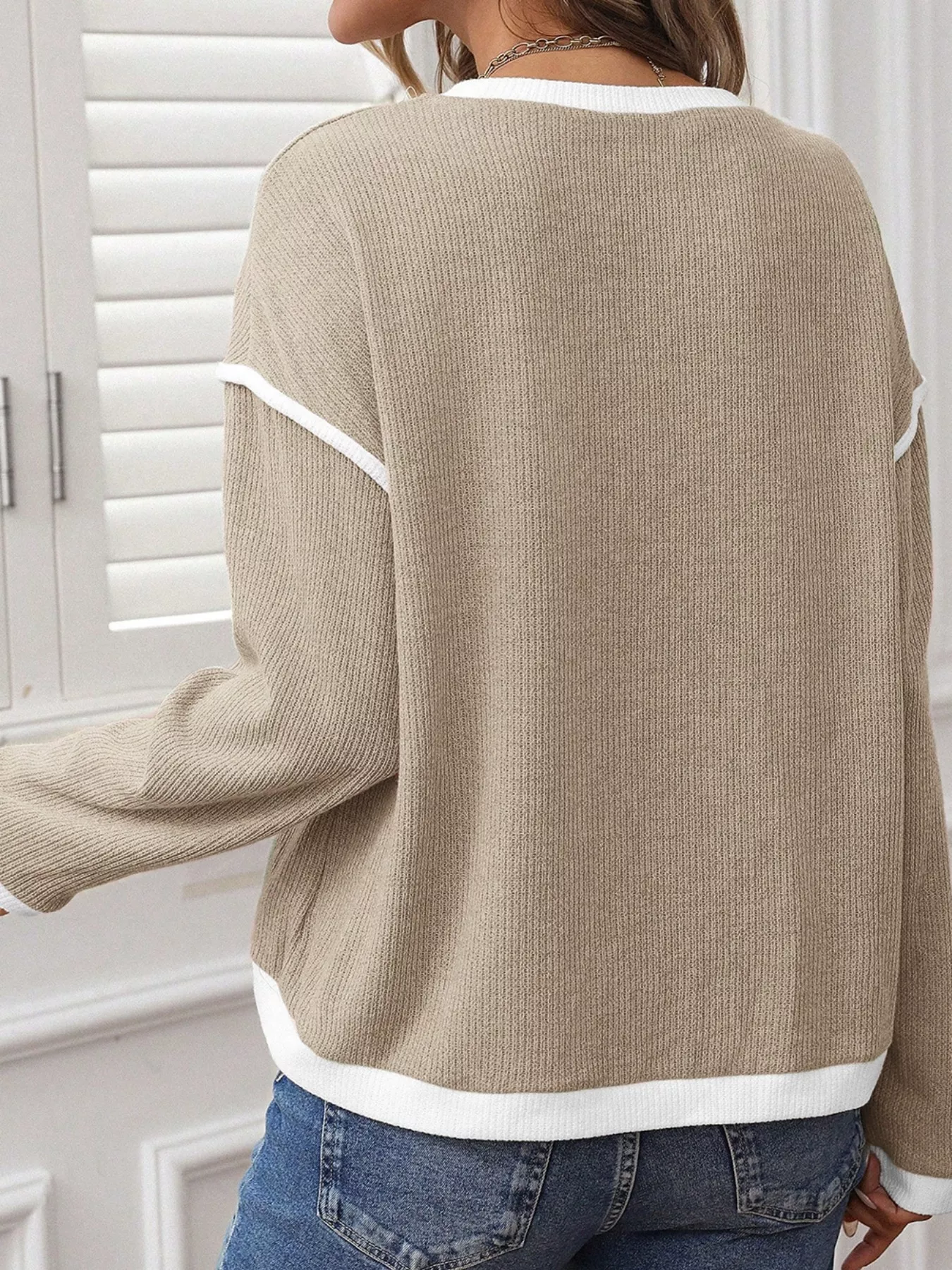 Contrast Color Trim Knit Drop Shoulder Loose Top - Image 6