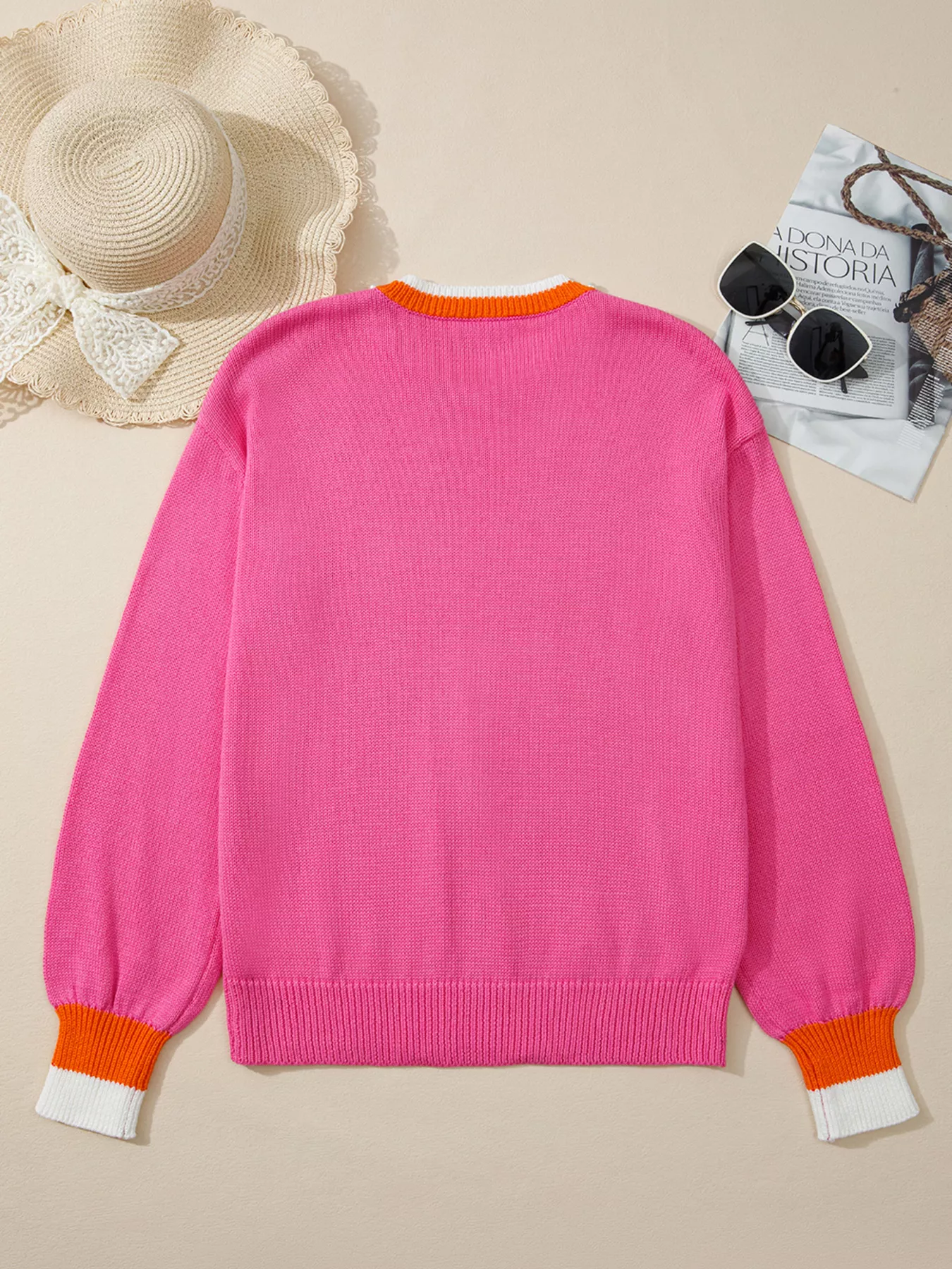 Contrast Crew Neck Pearled Decor Drop Shoulder Knit Sweater - Image 5