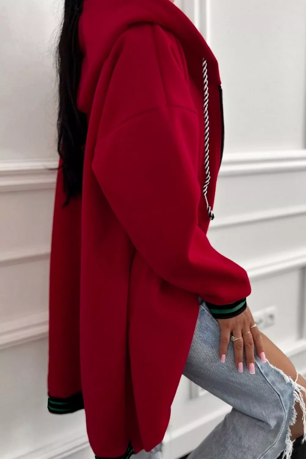 Contrast Cuffed Drop Shoulder Zip Up Hoodie - Image 3