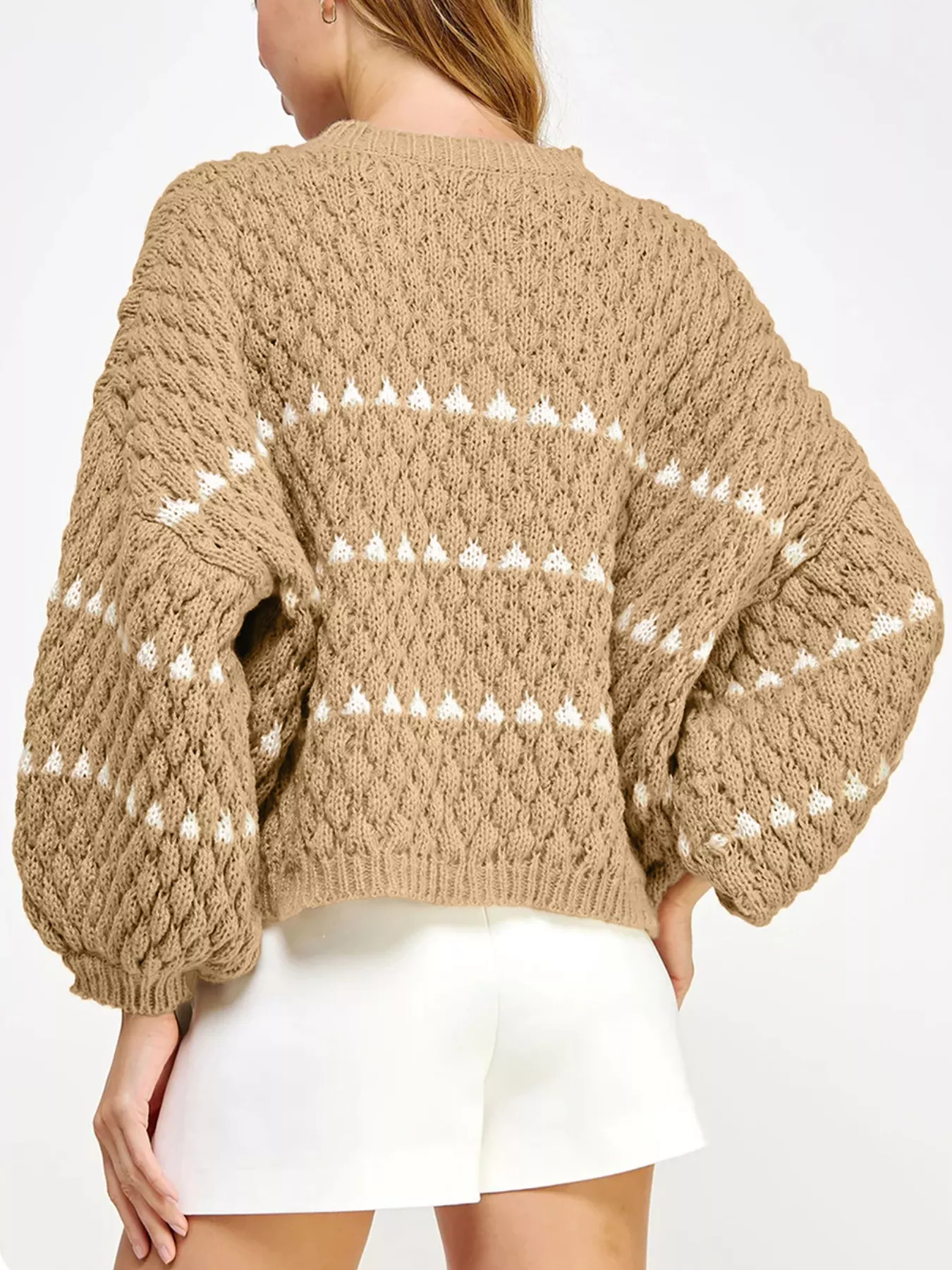Contrast Detail Textured Knit Puff Sleeve Baggy Sweater - Image 2