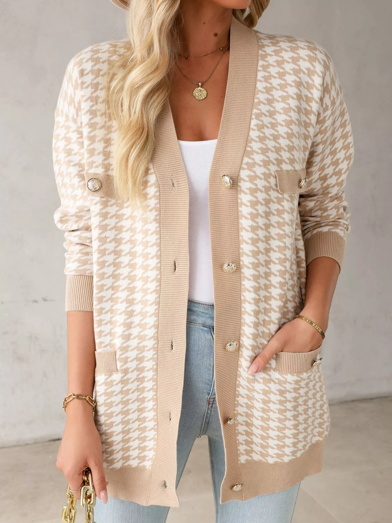 Contrast Edge Metal Button Slim Cardigan with Pockets - Image 2