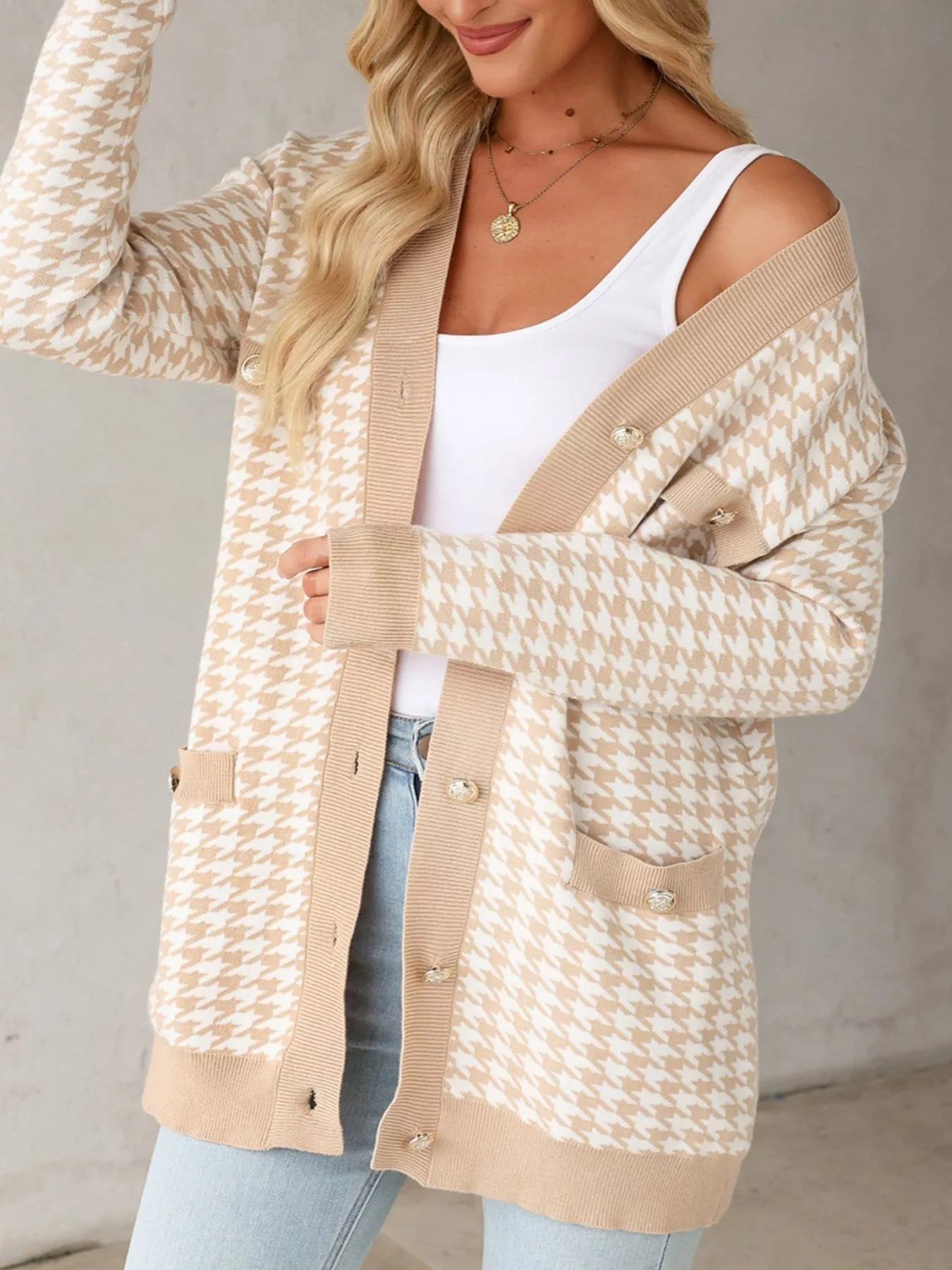 Contrast Edge Metal Button Slim Cardigan with Pockets - Image 3
