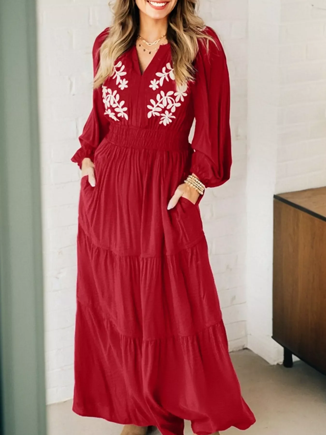 Contrast Embroidered Detail Cinched Waist Tiered Long Sleeve Maxi Dress - Image 2