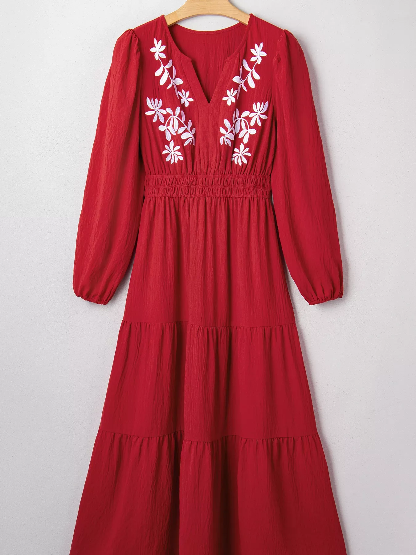 Contrast Embroidered Detail Cinched Waist Tiered Long Sleeve Maxi Dress - Image 3