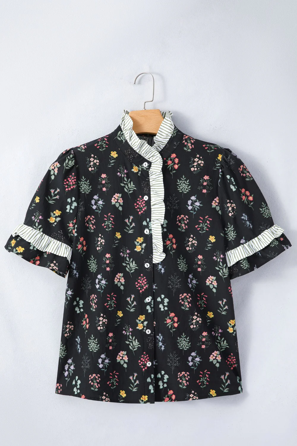 Contrast Frilled Trim Short Sleeve Floral Shirt - Image 3