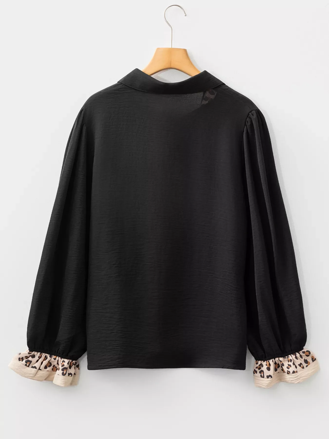Contrast Leopard Print Patchwork Polo Collar Buttons Front Long Sleeve Blouse - Image 5