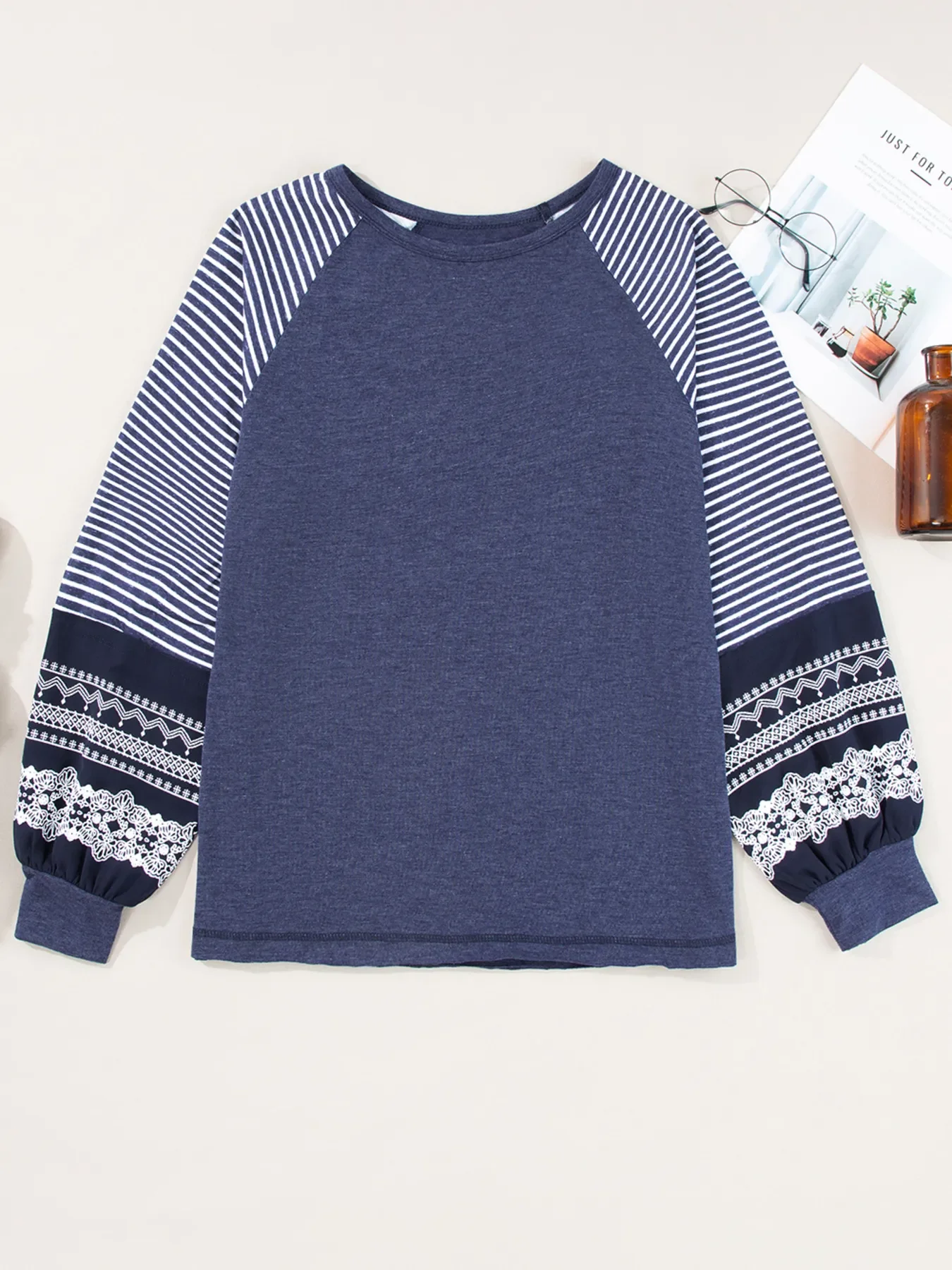Contrast Print Striped Raglan Long Sleeve Loose Top - Image 12